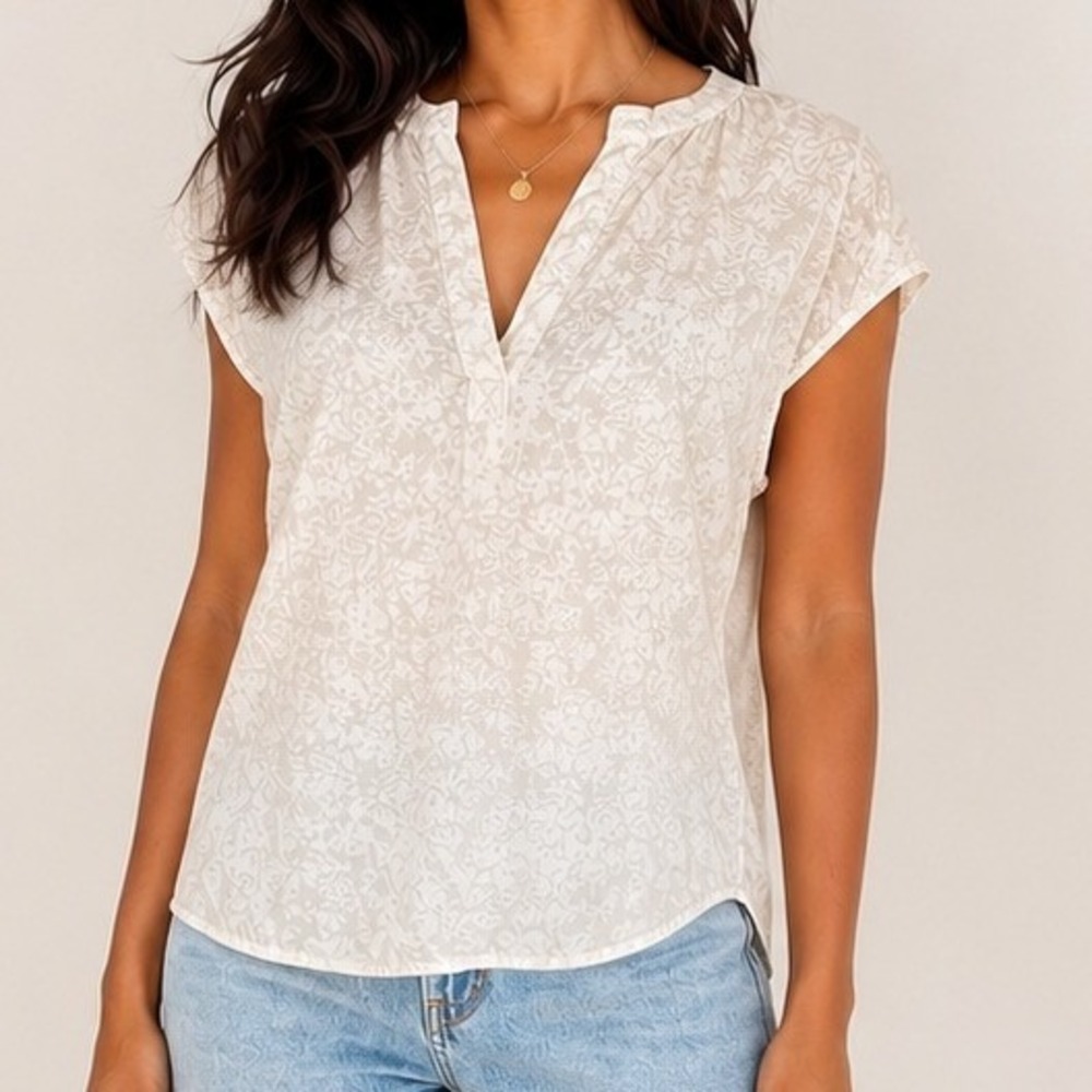 Cloth & Stone Abstract Floral Split Neck Beige White Cap Sleeve Blouse Small